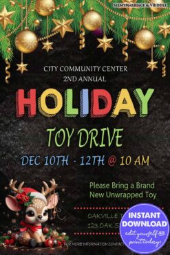 Festive Holiday Toy Drive Invitation with Adorable Reindeer and Golden Ornaments