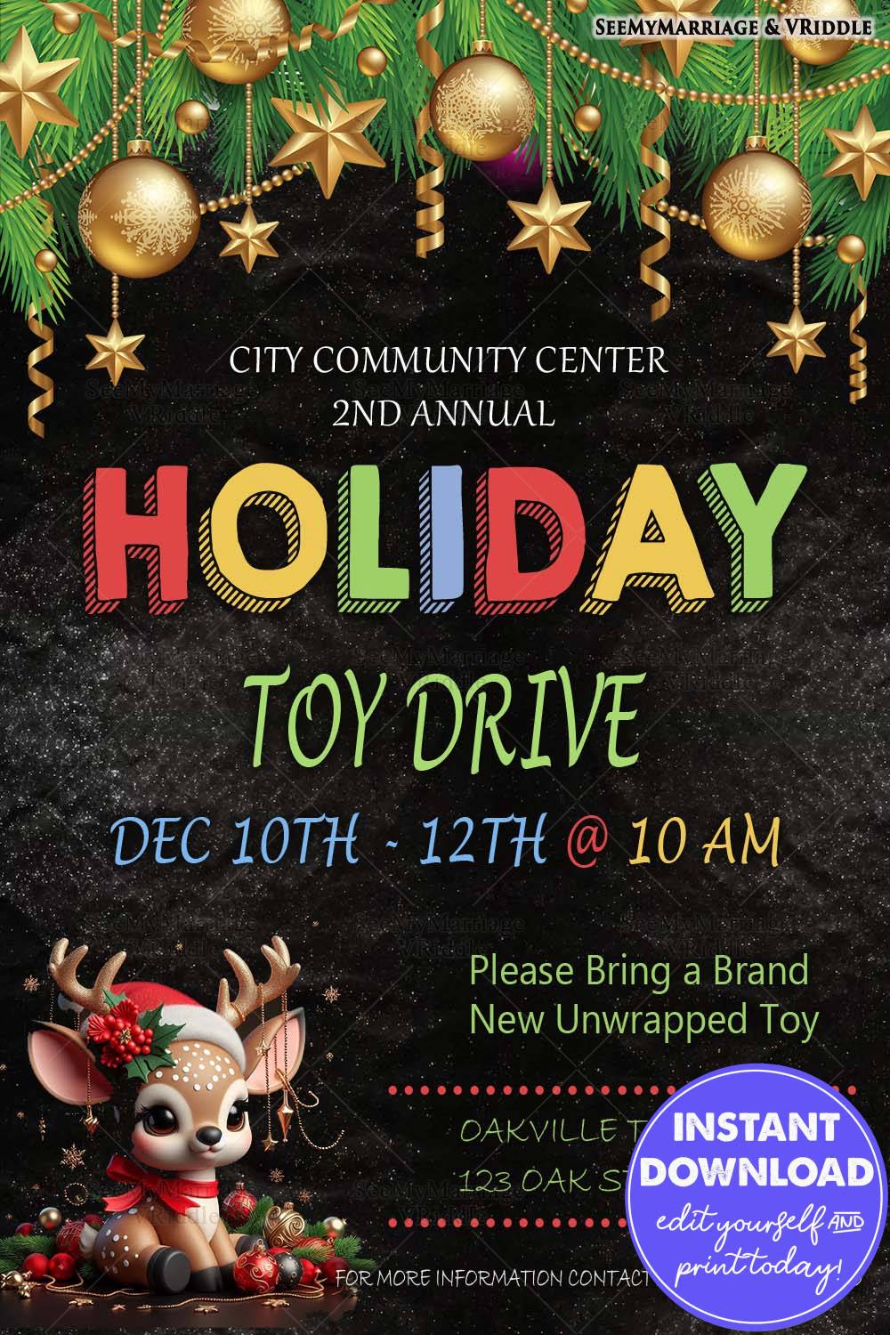 Festive Holiday Toy Drive Invitation with Adorable Reindeer and Golden Ornaments