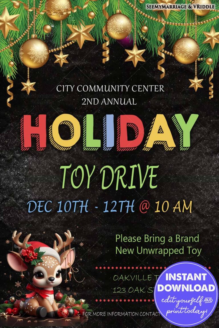 Festive Holiday Toy Drive Invitation with Adorable Reindeer and Golden Ornaments