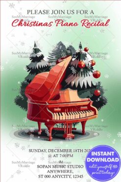 Festive Piano Recital Invitation with Red Grand Piano Illustration and Christmas Trees