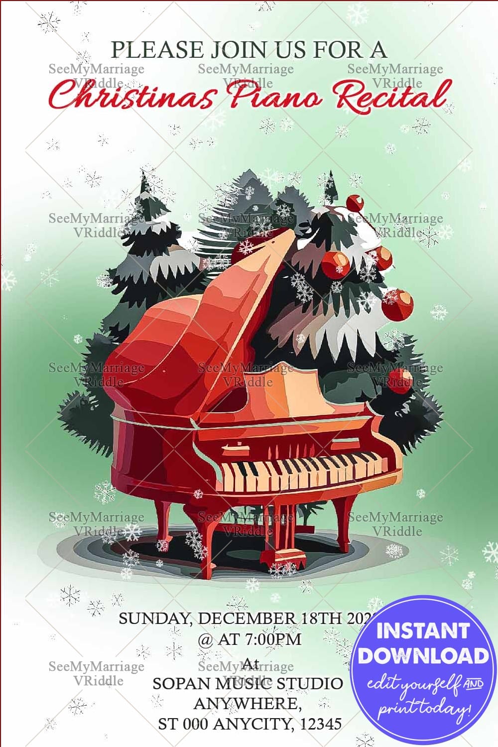 Festive Piano Recital Invitation with Red Grand Piano Illustration and Christmas Trees