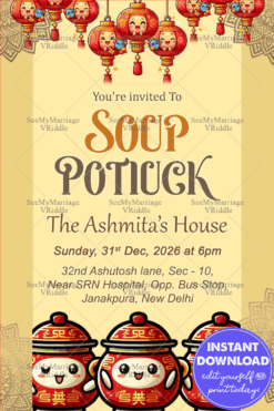 Festive Soup Potluck Invitation with Cute Chinese Lanterns and Soup Bowls
