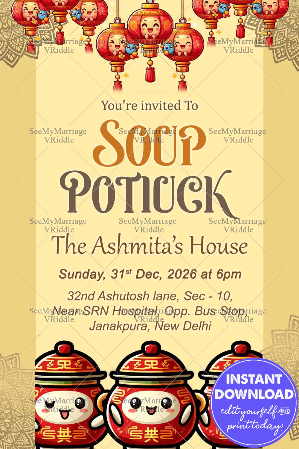 Festive Soup Potluck Invitation with Cute Chinese Lanterns and Soup Bowls