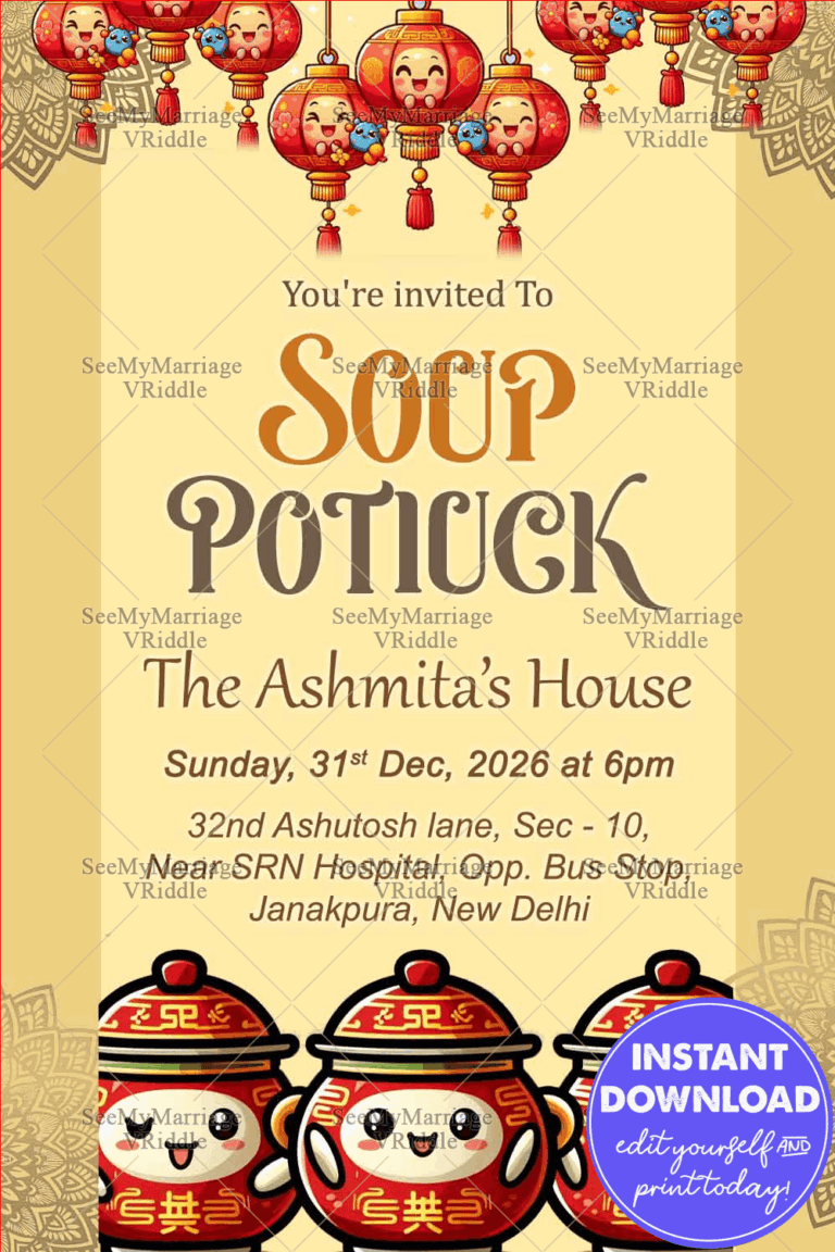 Festive Soup Potluck Invitation with Cute Chinese Lanterns and Soup Bowls