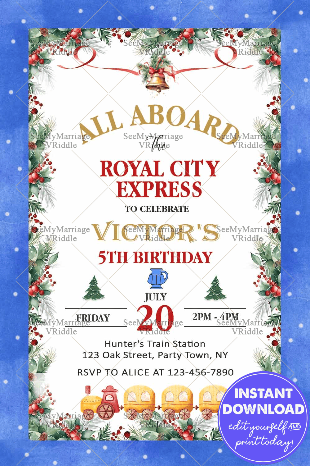Festive Train Birthday Invitation with Winter Accents