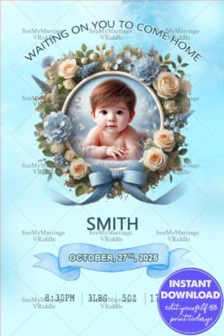 Floral Baby Announcement with Blue Wreath