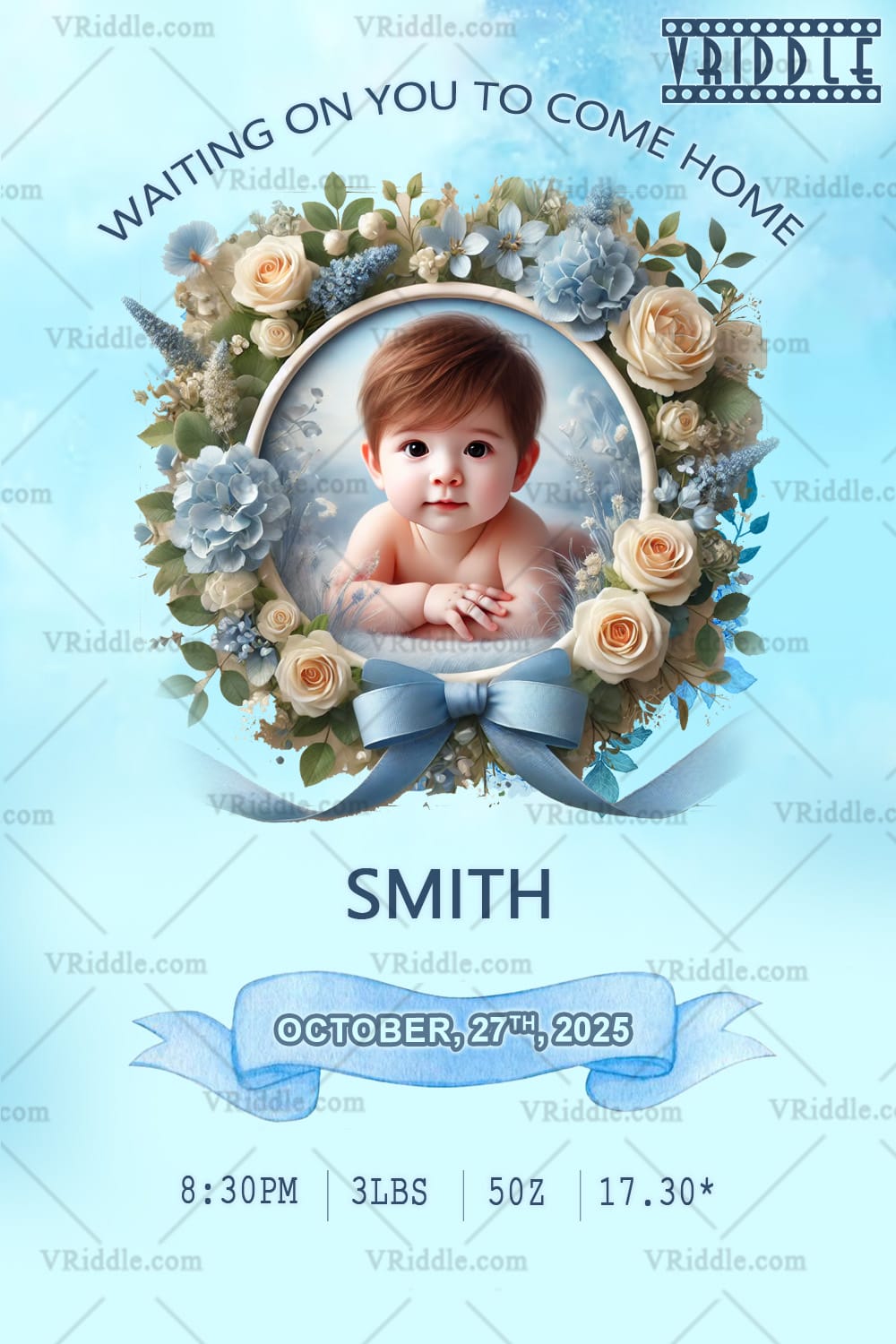 Floral Baby Announcement with Blue Wreath