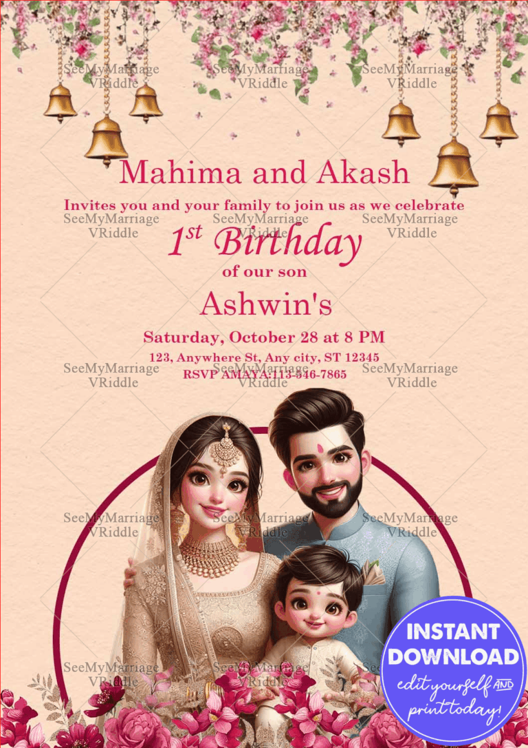 Floral Bell Birthday Invitation Traditional Family Portrait Theme