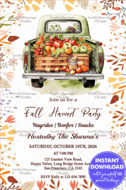 Floral Border Fall Harvest Party Invitation with Vintage Truck and Fresh Produce