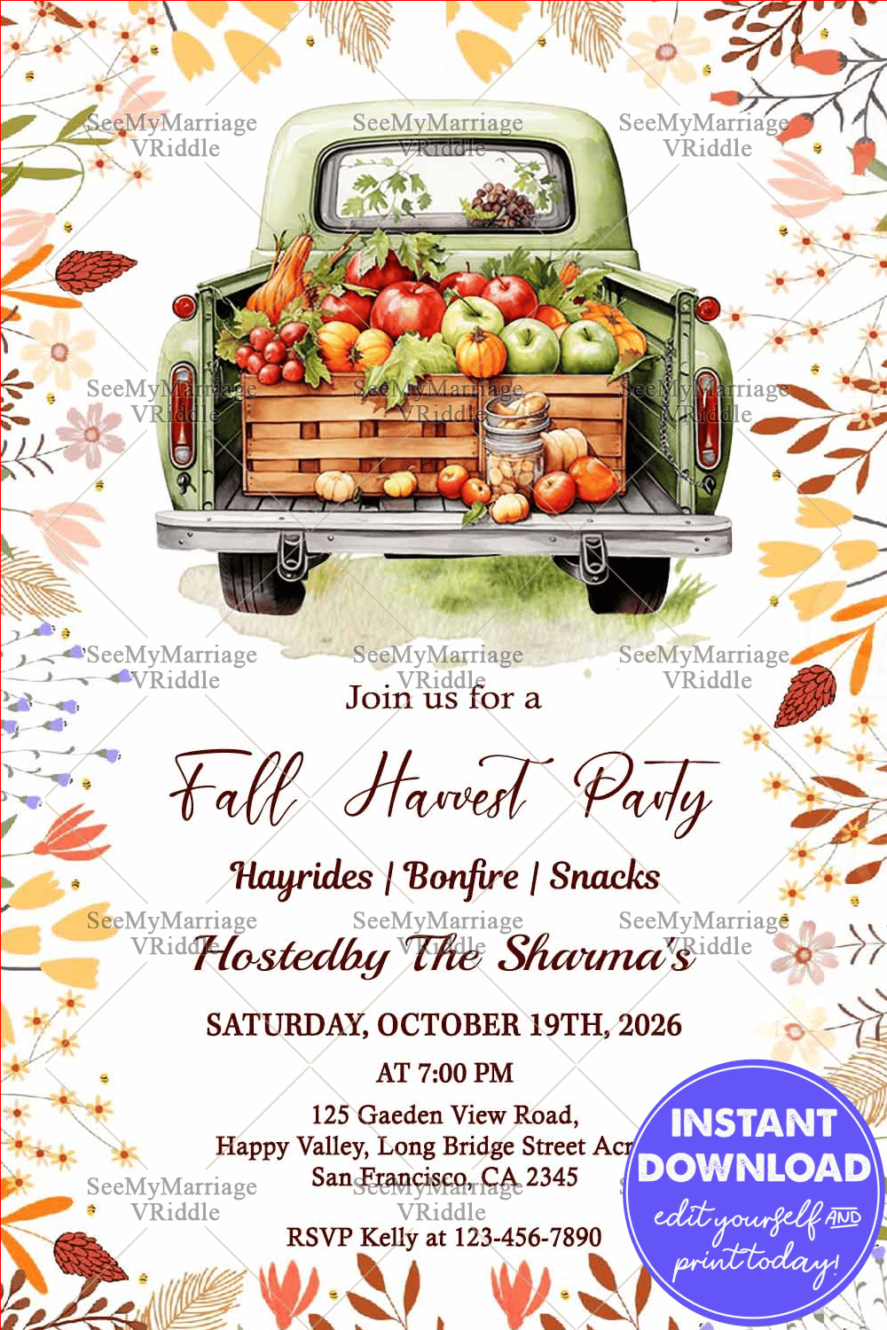 Floral Border Fall Harvest Party Invitation with Vintage Truck and Fresh Produce