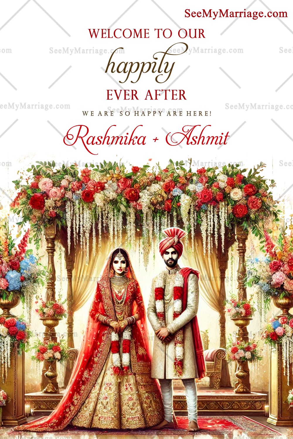 Floral Canopy Wedding Invitation Traditional Bride and Groom with Elegant Backdrop