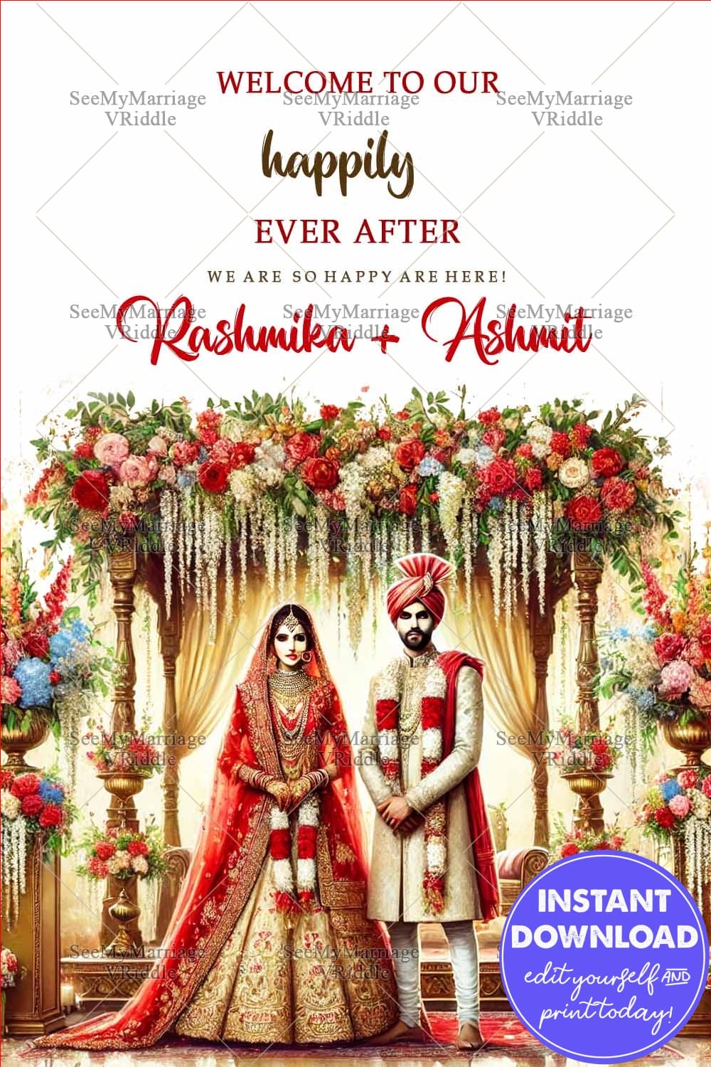 Floral Canopy Wedding Invitation Traditional Bride and Groom with Elegant Backdrop