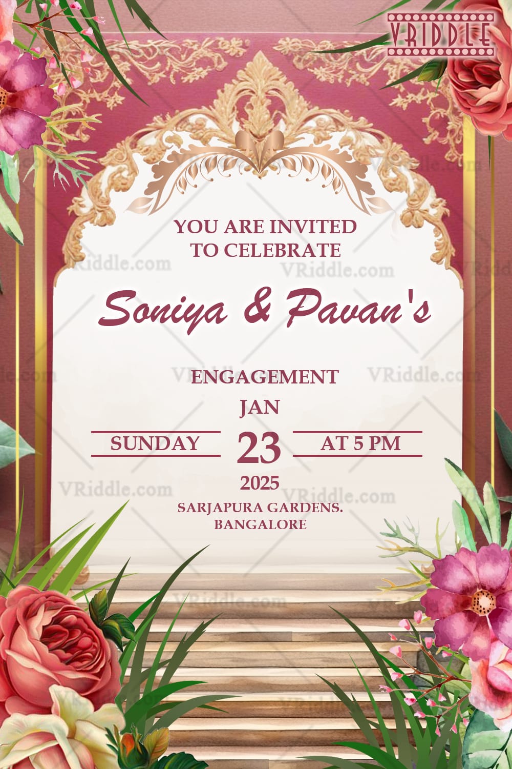 Floral Elegance Engagement Invitation with Ornate Gold Accents