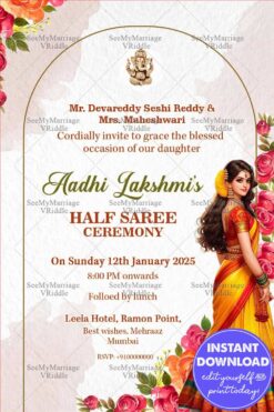 Floral Elegance Half Saree Ceremony Invitation for Daughter's Celebration