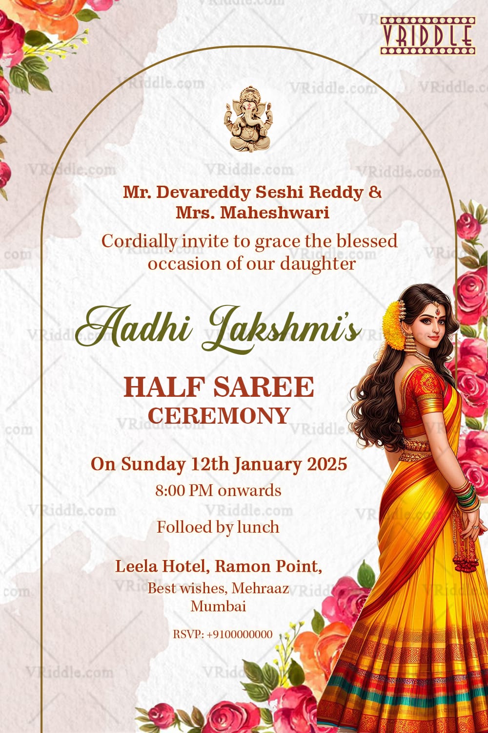 Floral Elegance Half Saree Ceremony Invitation for Daughter's Celebration