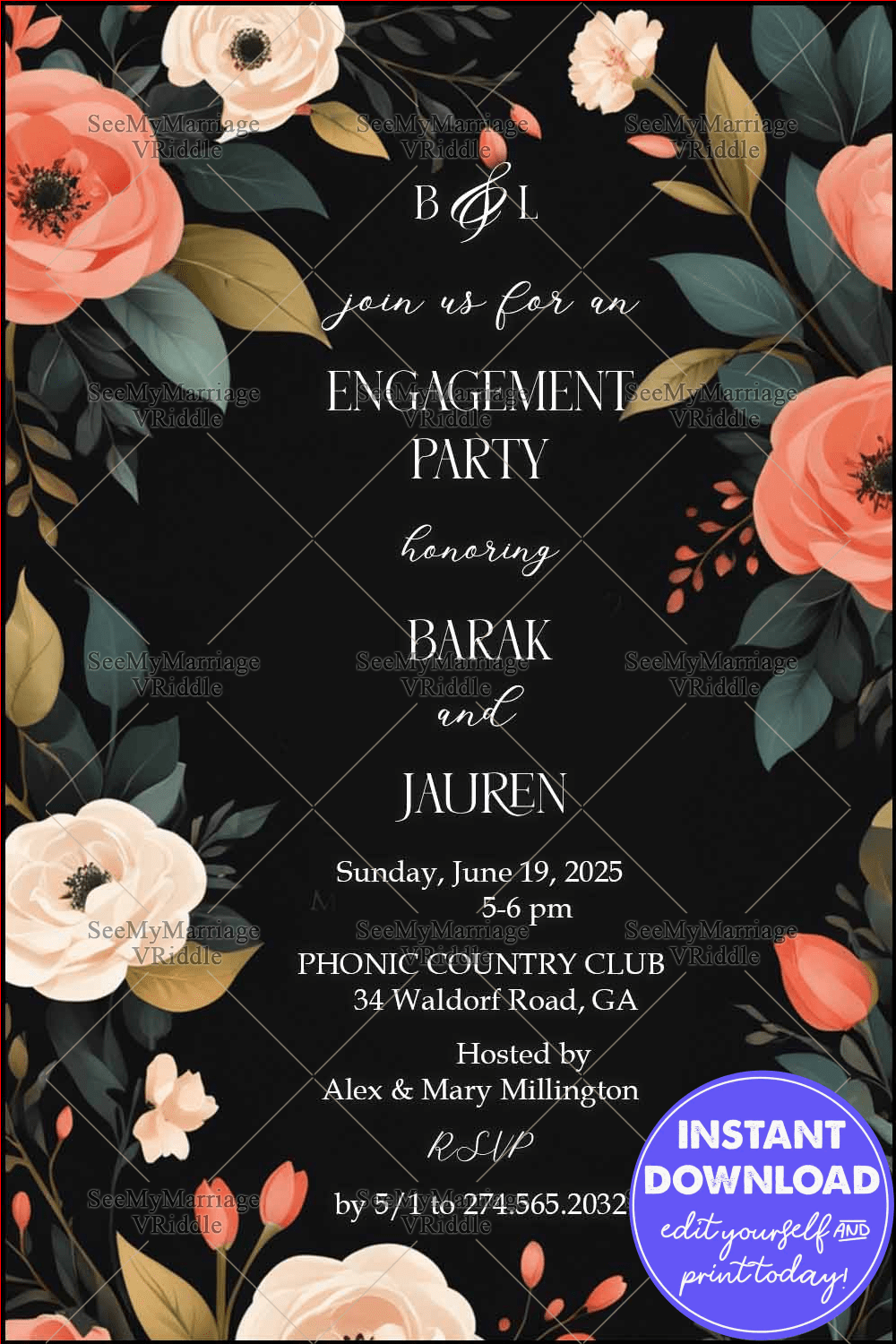 Floral Engagement Party Invitation with Black Background and Coral & Ivory Rose Accents