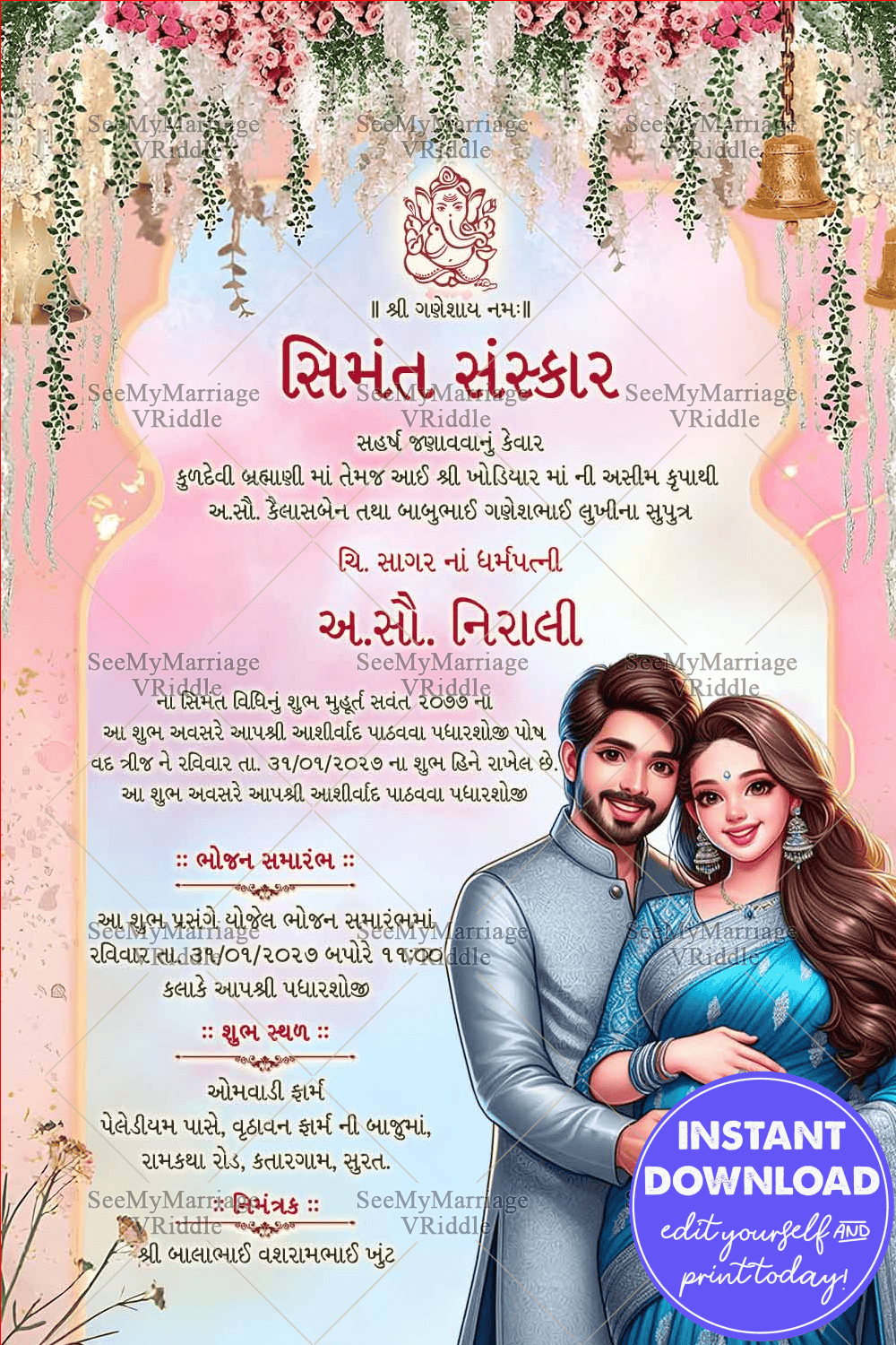 Floral Gujarati Baby Shower Invitation with Divine Accents