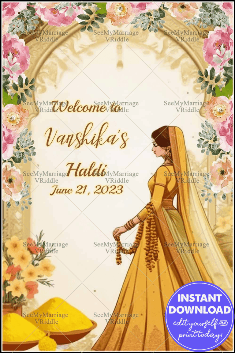 Floral Haldi Ceremony Invitation Banner with Bride Illustration, and Warm Yellow Hues