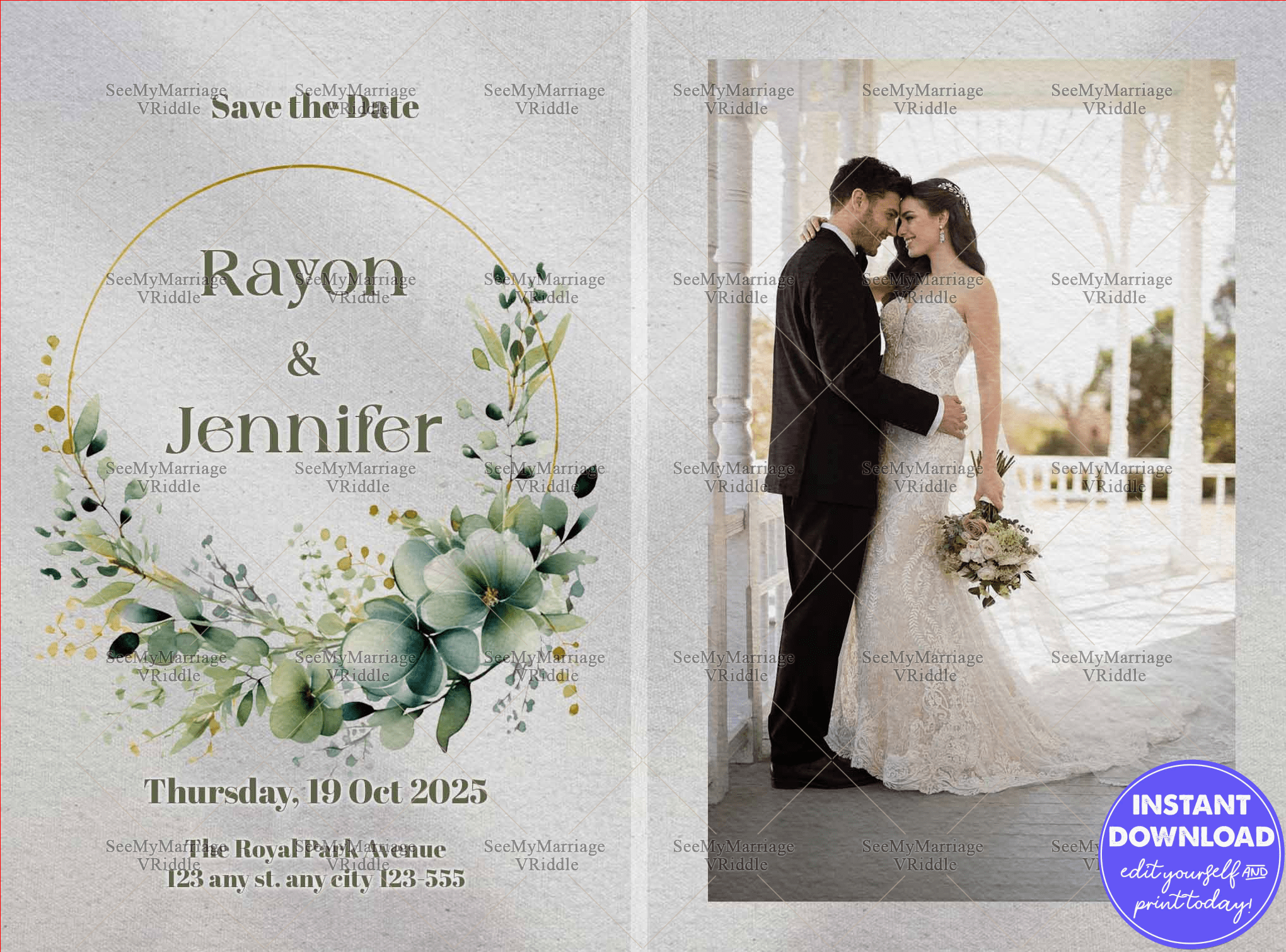 Floral Illustration Save The Date Wedding Announcement with Couple Photo