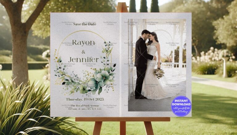 Floral Illustration Save The Date Wedding Announcement with Couple Photo