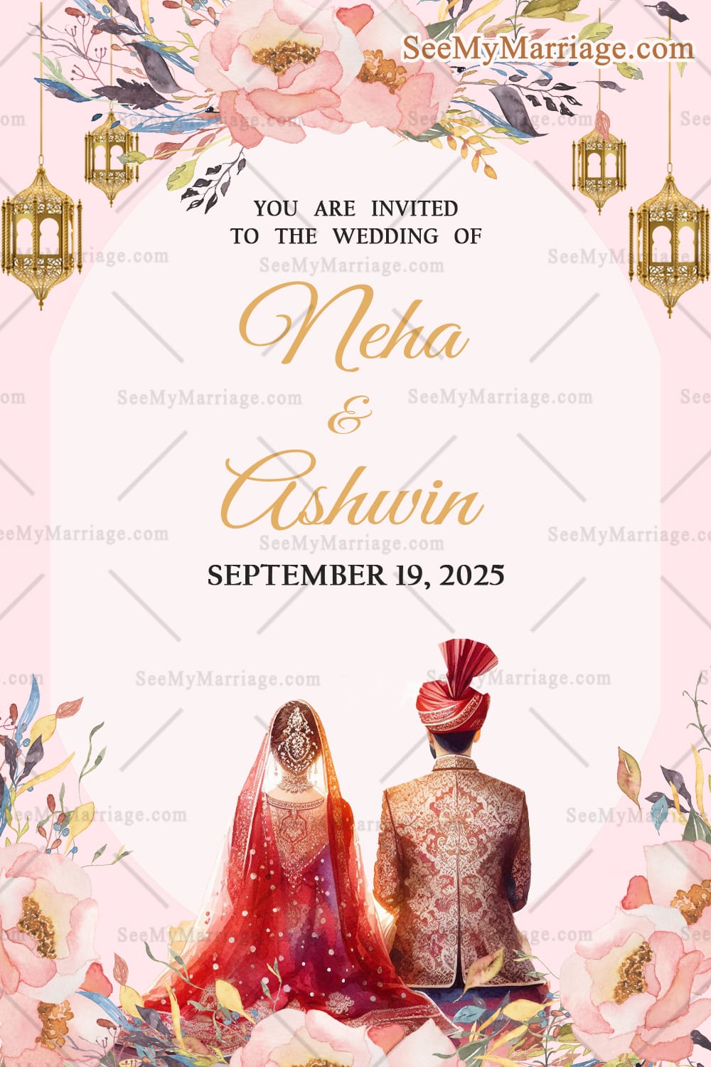 Floral Lantern Wedding Invitation Traditional Bride and Groom Ceremony Card Template