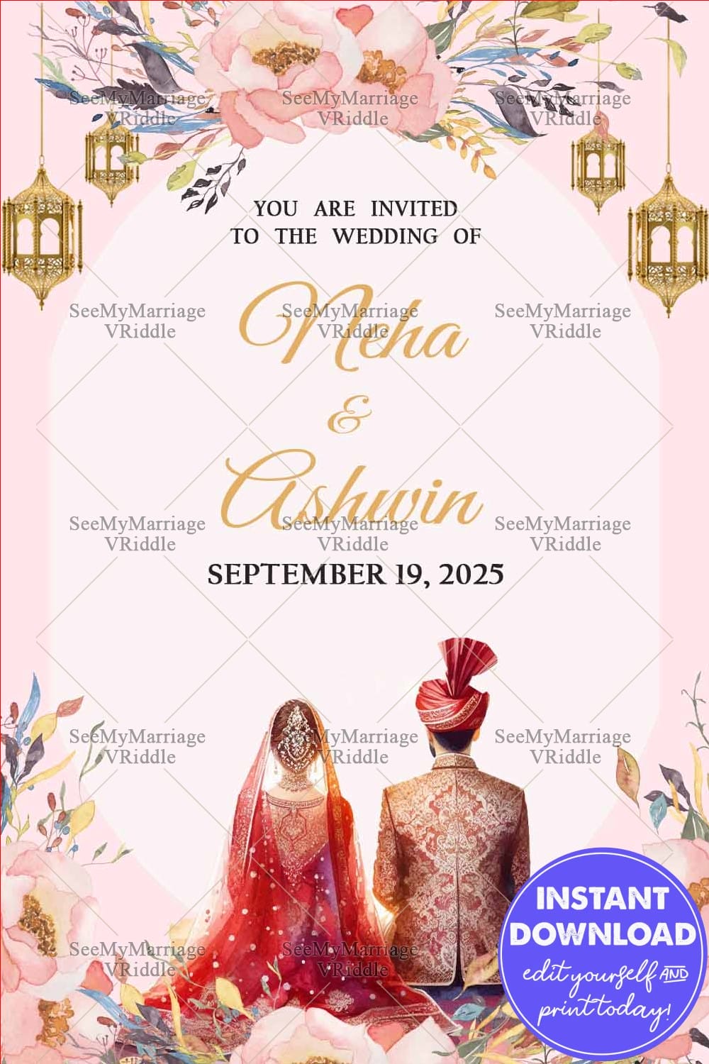 Floral Lantern Wedding Invitation Traditional Bride and Groom Ceremony Card Template