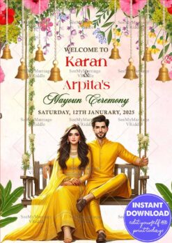 Floral Mayoun Ceremony Banner with Traditional Yellow Attire Couple in Swing & Bells