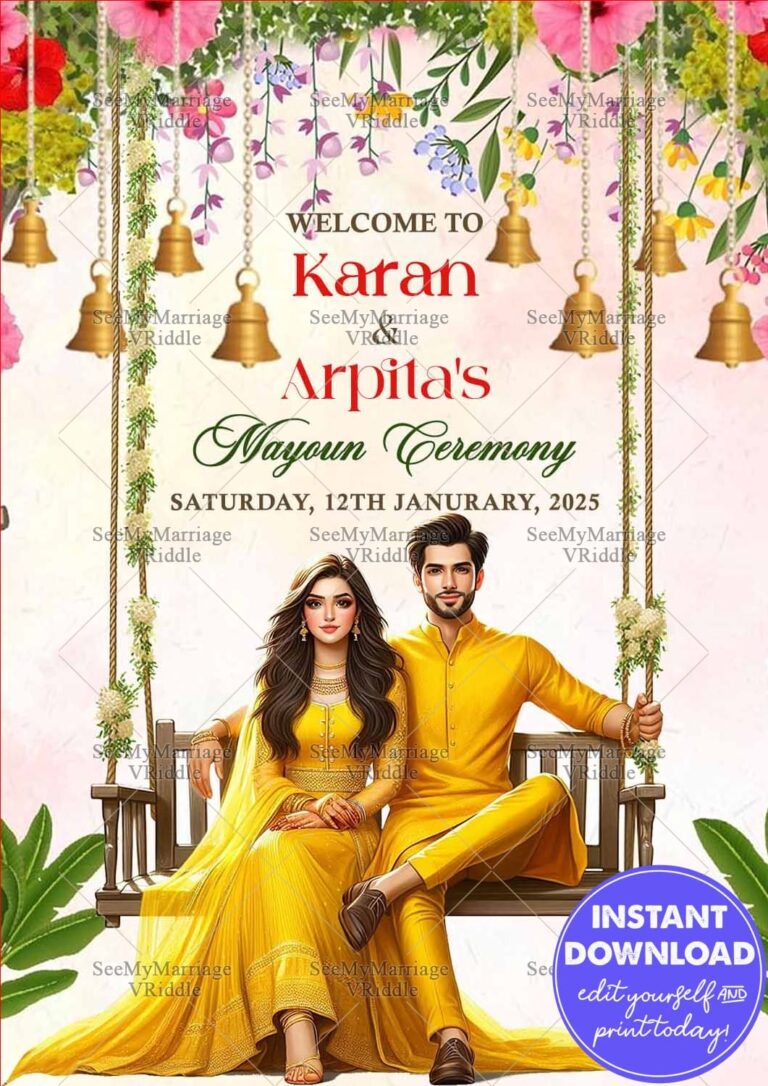 Floral Mayoun Ceremony Banner with Traditional Yellow Attire Couple in Swing & Bells