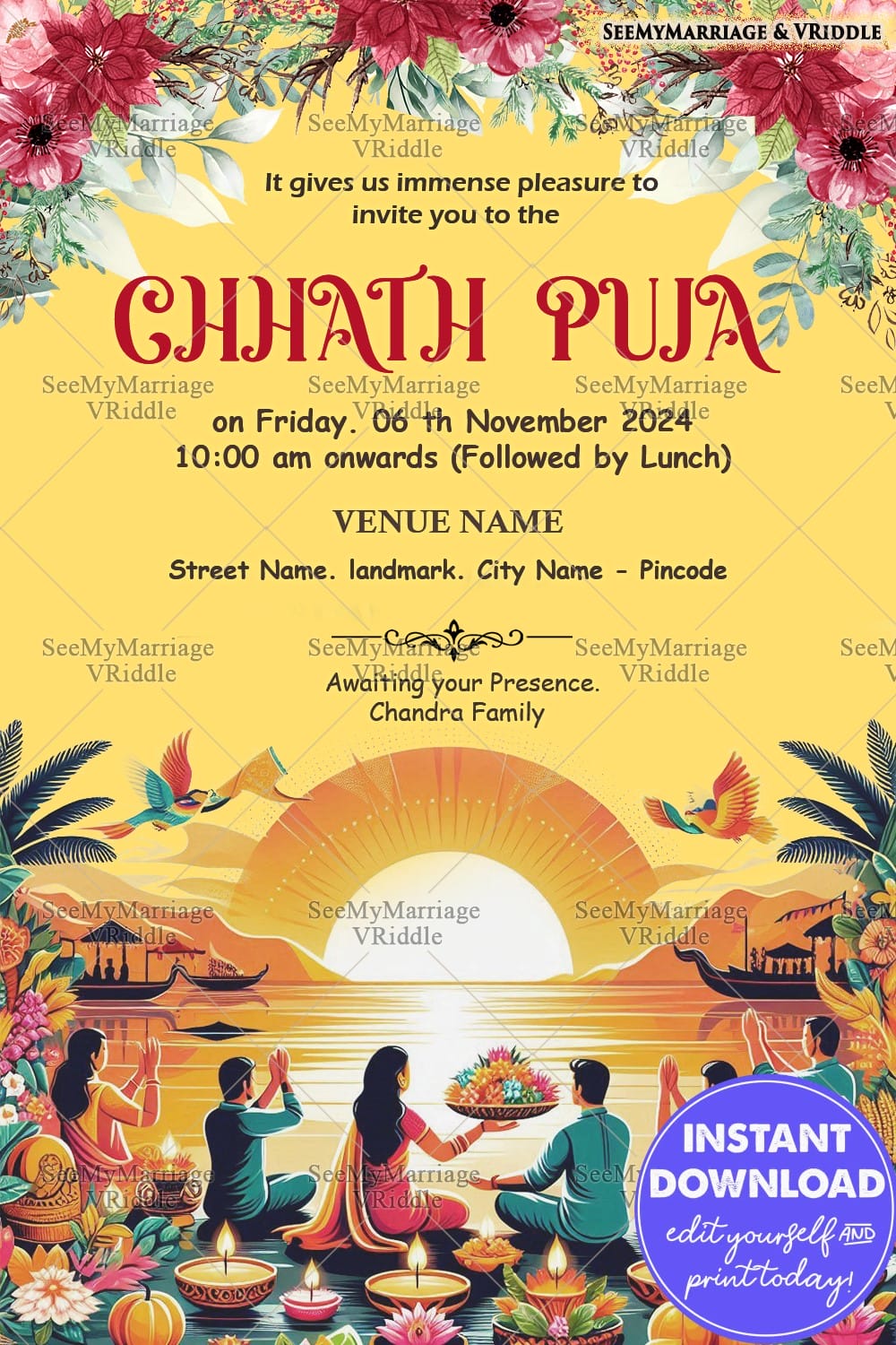 Floral Sunrise Chhath Puja Invitation Traditional Family Ceremony Template