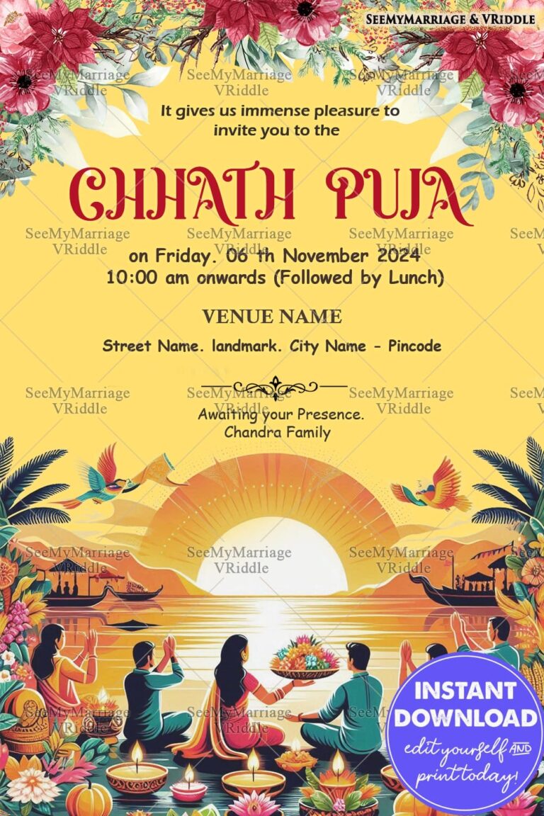 Floral Sunrise Chhath Puja Invitation Traditional Family Ceremony Template