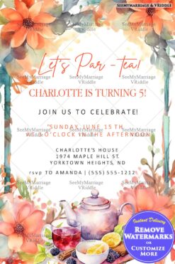 Floral Tea Party Birthday Invitation with Watercolor Flowers for 5th Celebration
