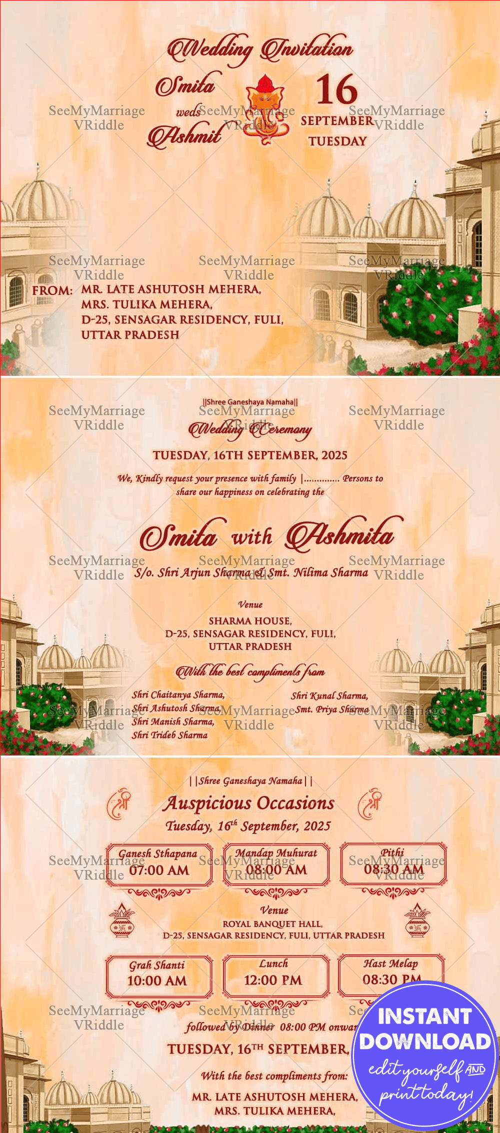 Floral Temple Wedding Invitation Set
