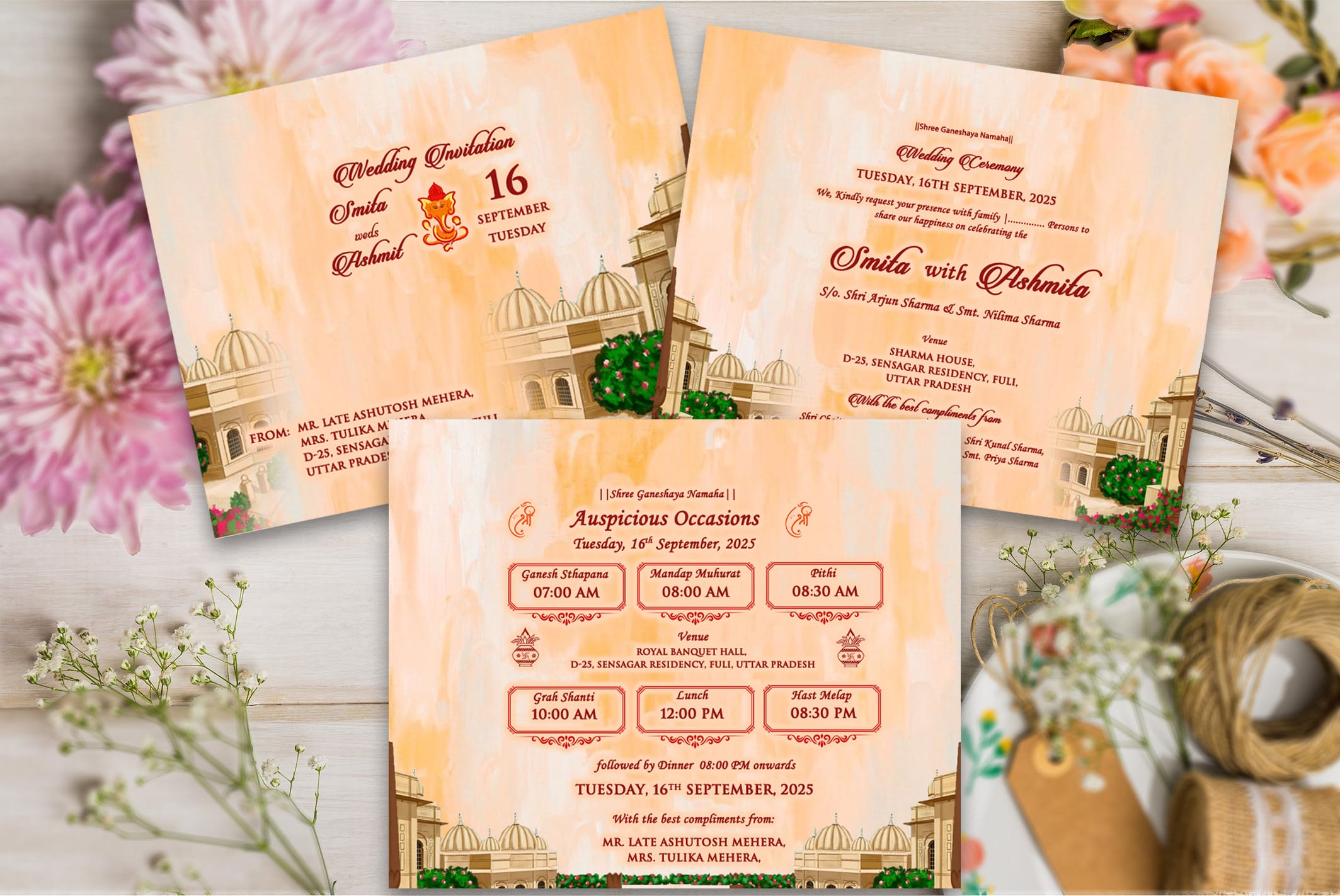 Floral Temple Wedding Invitation Set