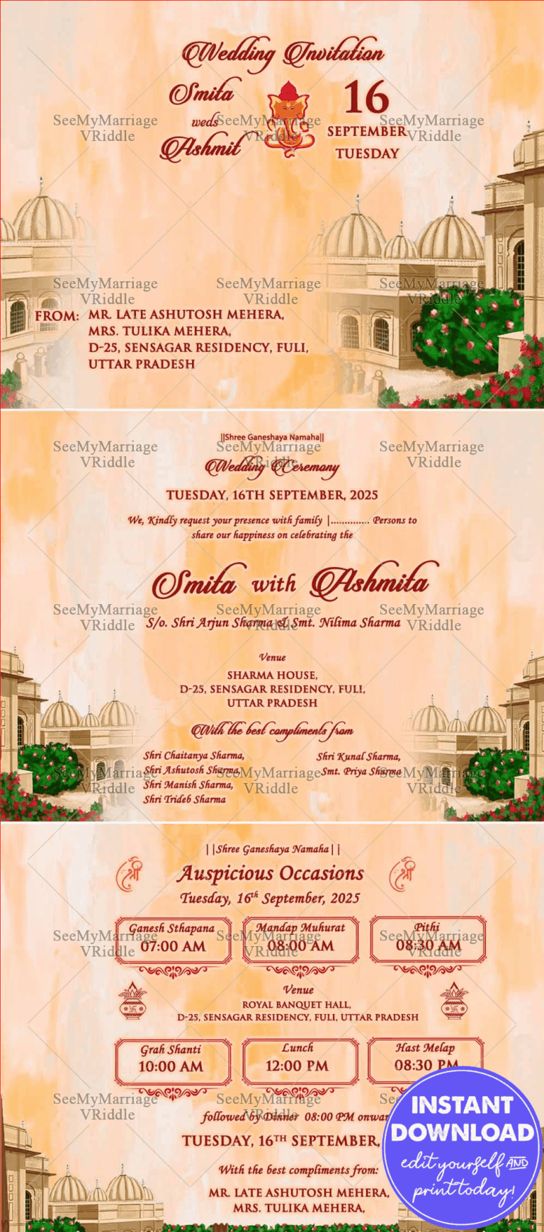 Floral Temple Wedding Invitation Set