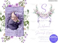 Floral-Themed Baby Announcement Card with Lavender Accents and Adorable Newborn Photo