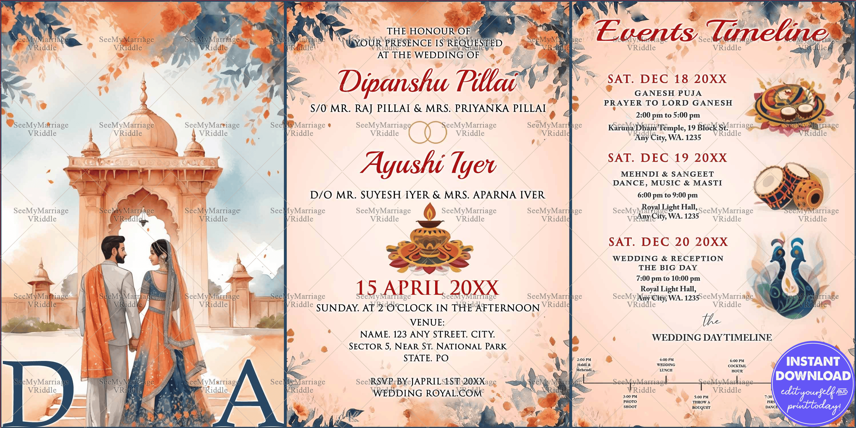 Floral-Themed Indian Wedding Invitation Suite with Cultural Motif Illustrations and Three-Day Event Itinerary