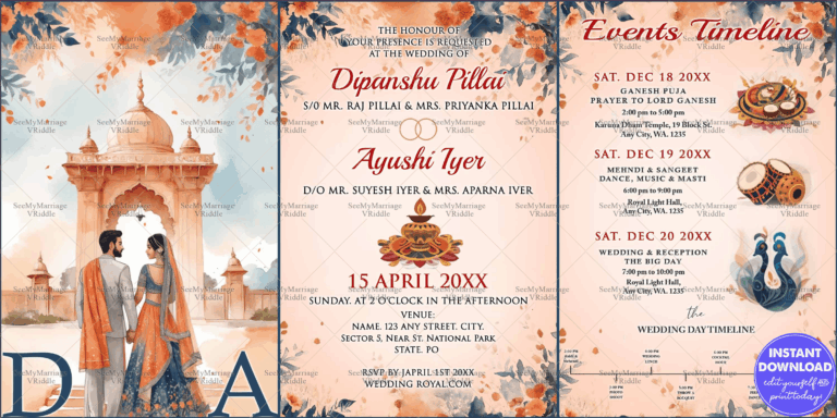 Floral-Themed Indian Wedding Invitation Suite with Cultural Motif Illustrations and Three-Day Event Itinerary