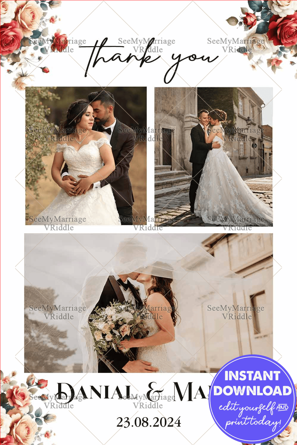 Floral-Themed Wedding Thank You Card with Romantic Couple Portraits