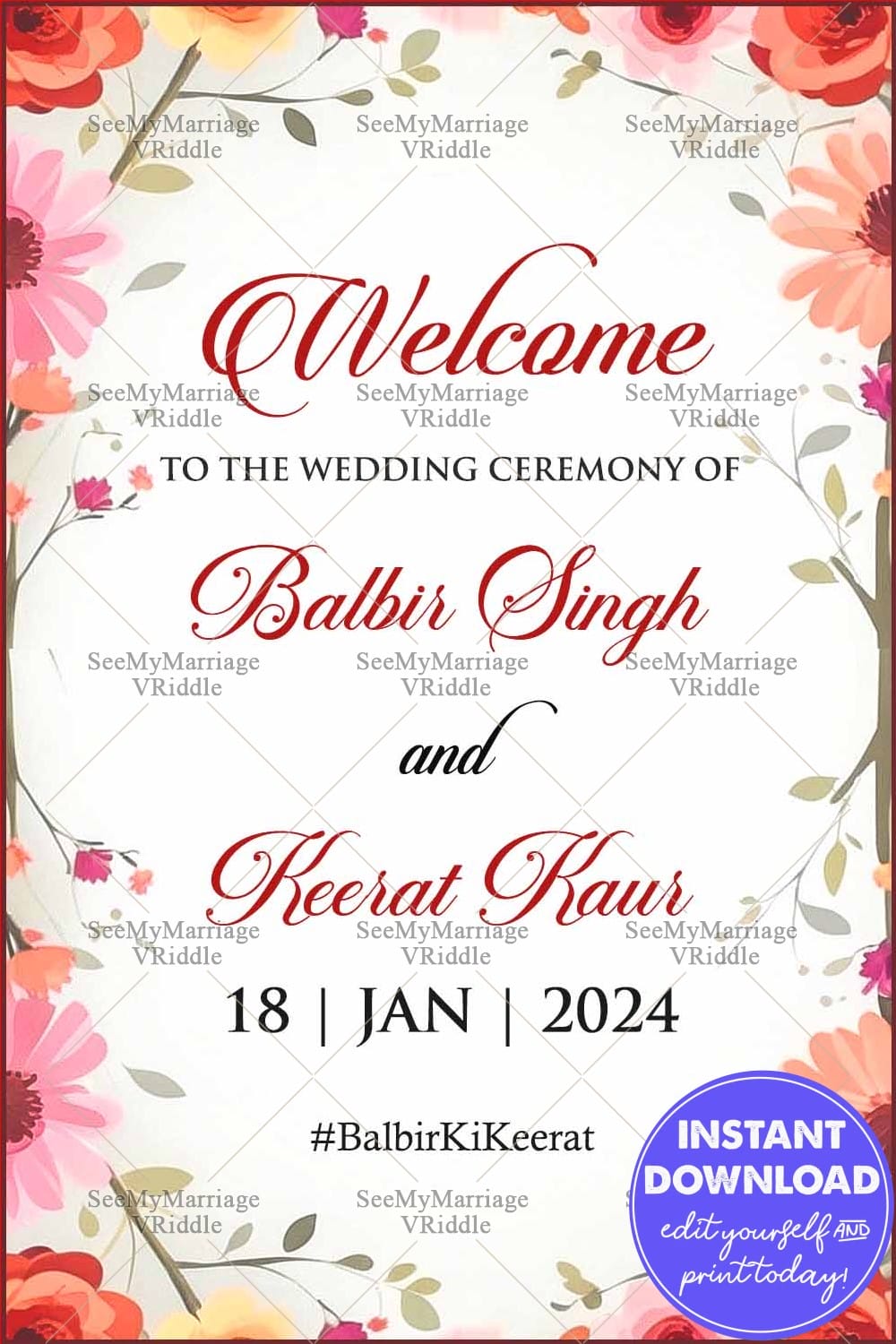 Floral-Themed Wedding Welcome Banner with Vibrant Blooms and Elegant Script