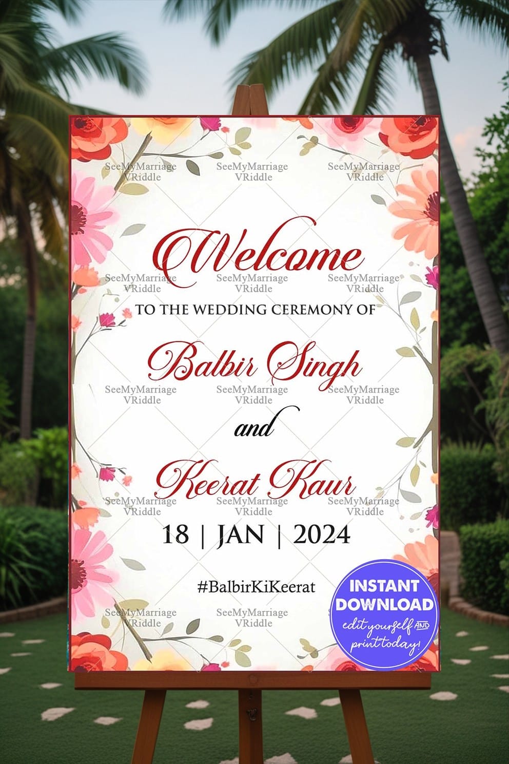 Floral-Themed Wedding Welcome Banner with Vibrant Blooms and Elegant Script