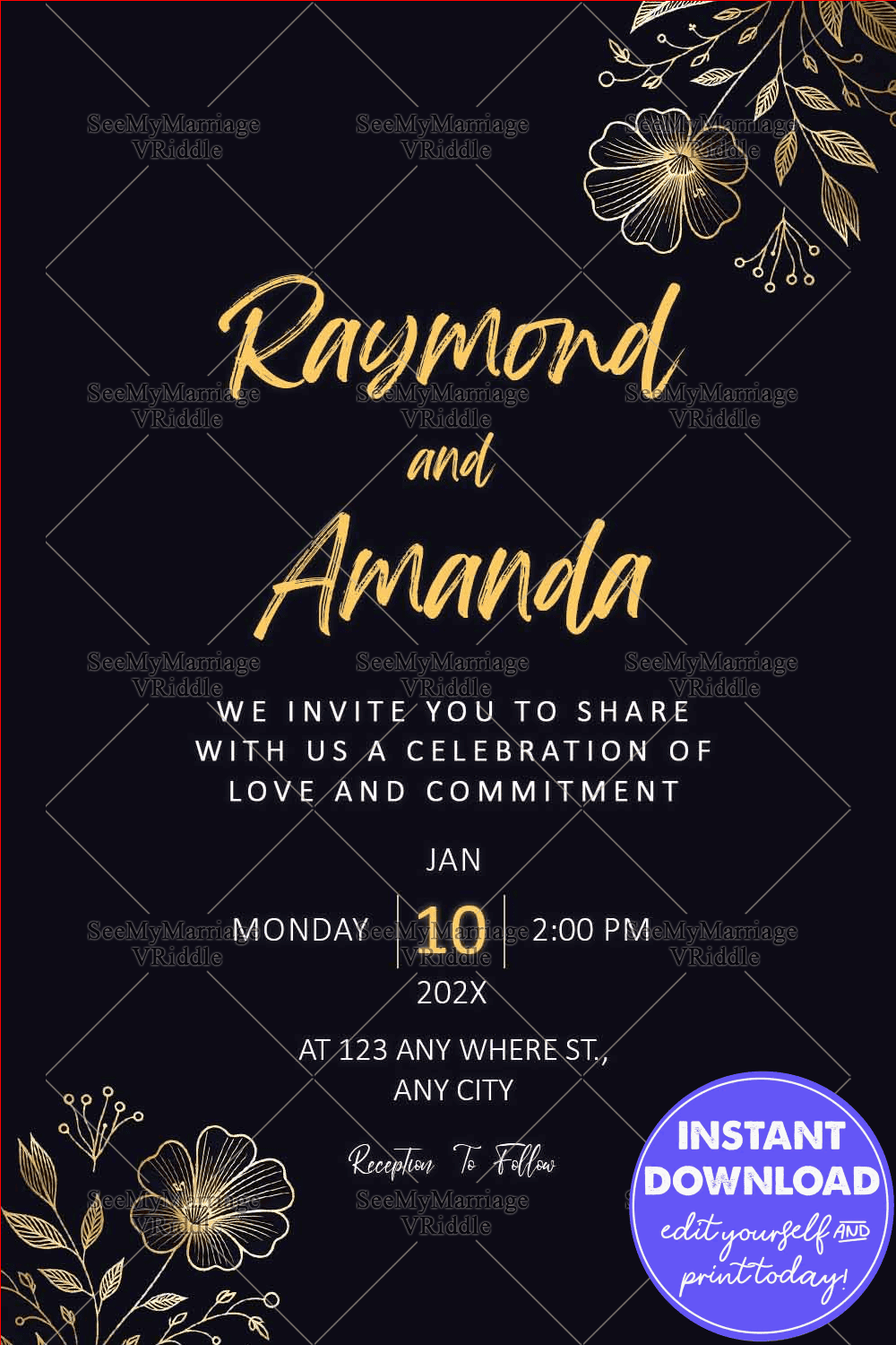 Floral Wedding Invitation with Minimalist Black Background and Gold Accents