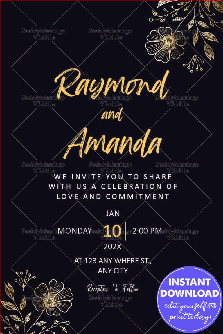 Floral Wedding Invitation with Minimalist Black Background and Gold Accents