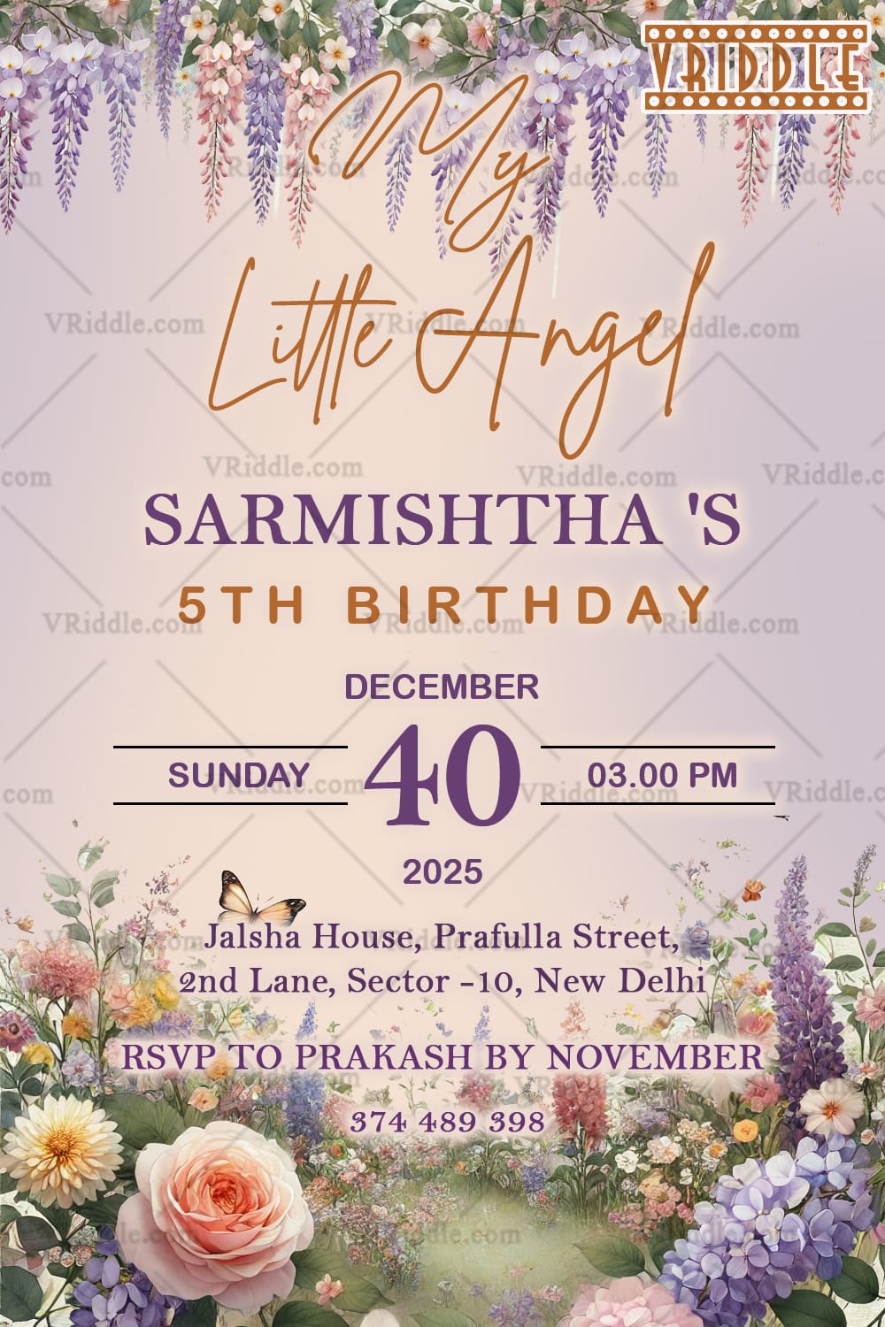 Floral Wonderland 5th Birthday Invitation for My Little Angel