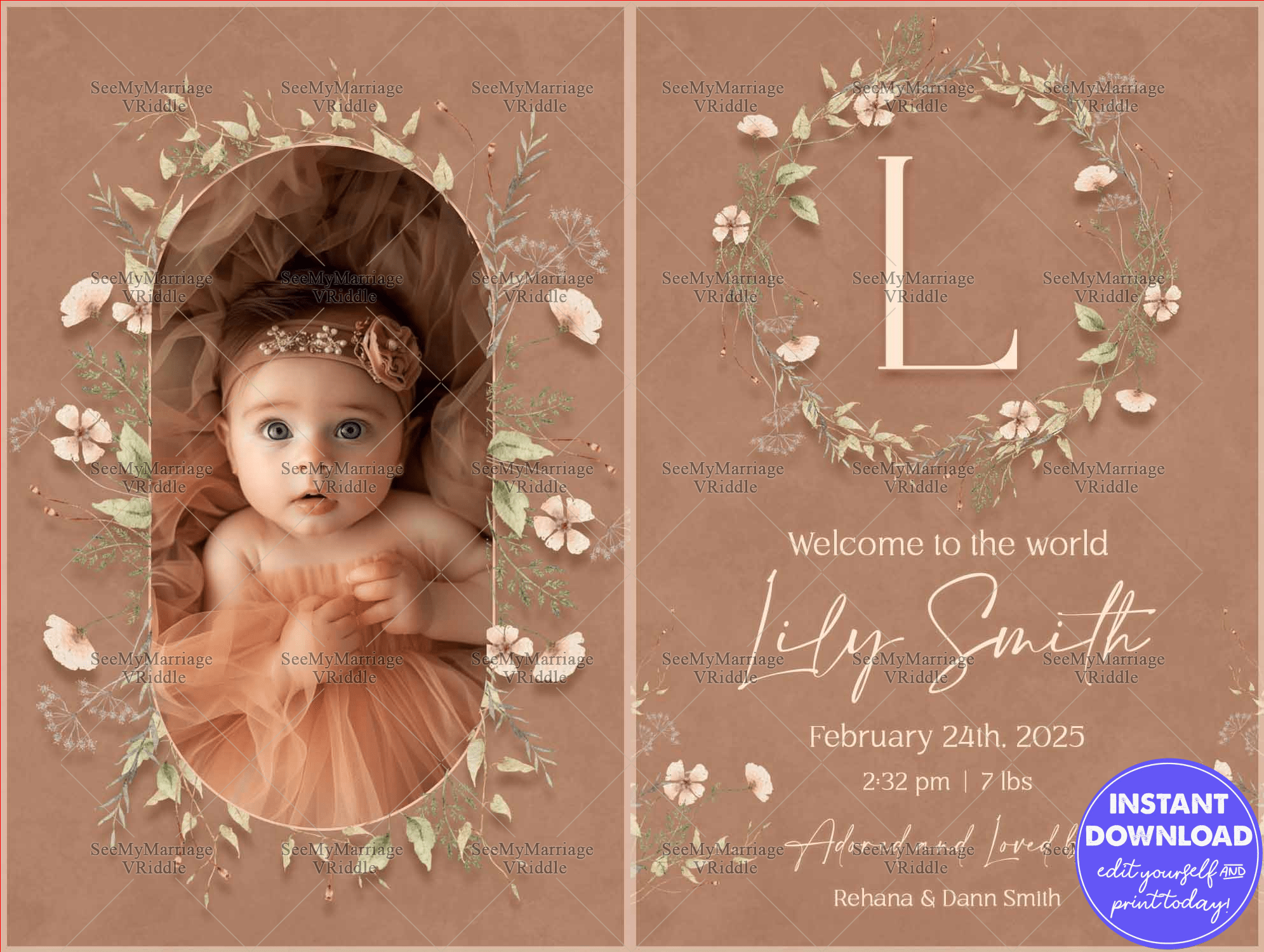 Floral Wreath Baby Announcement with Warm Earthy Tones Featuring Baby's Portrait