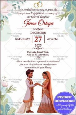 Floral and Pastel Engagement Invite with a Touch of Tradition Featuring a Couple Illustration