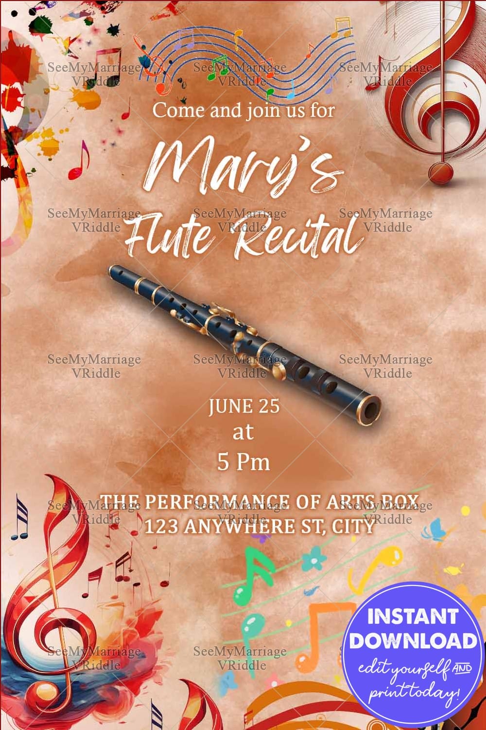 Flute Recital Invitation with Rustic Watercolor Design and Artistic Details
