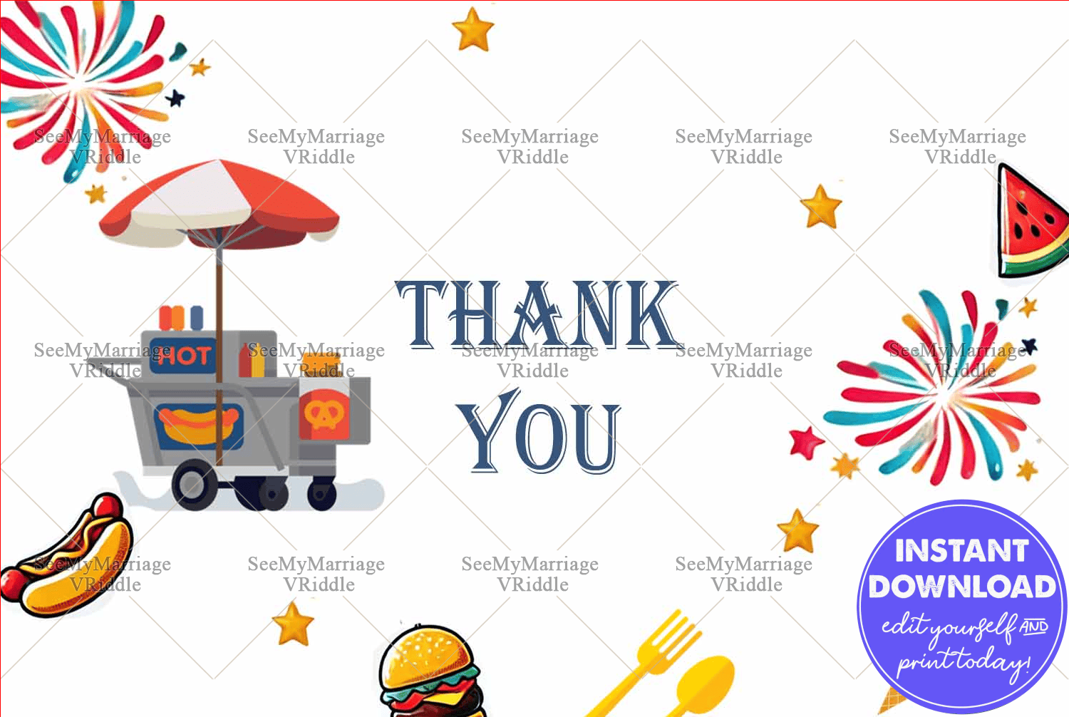 Food Cart Thank You Card with Festive Fireworks and Street Snacks