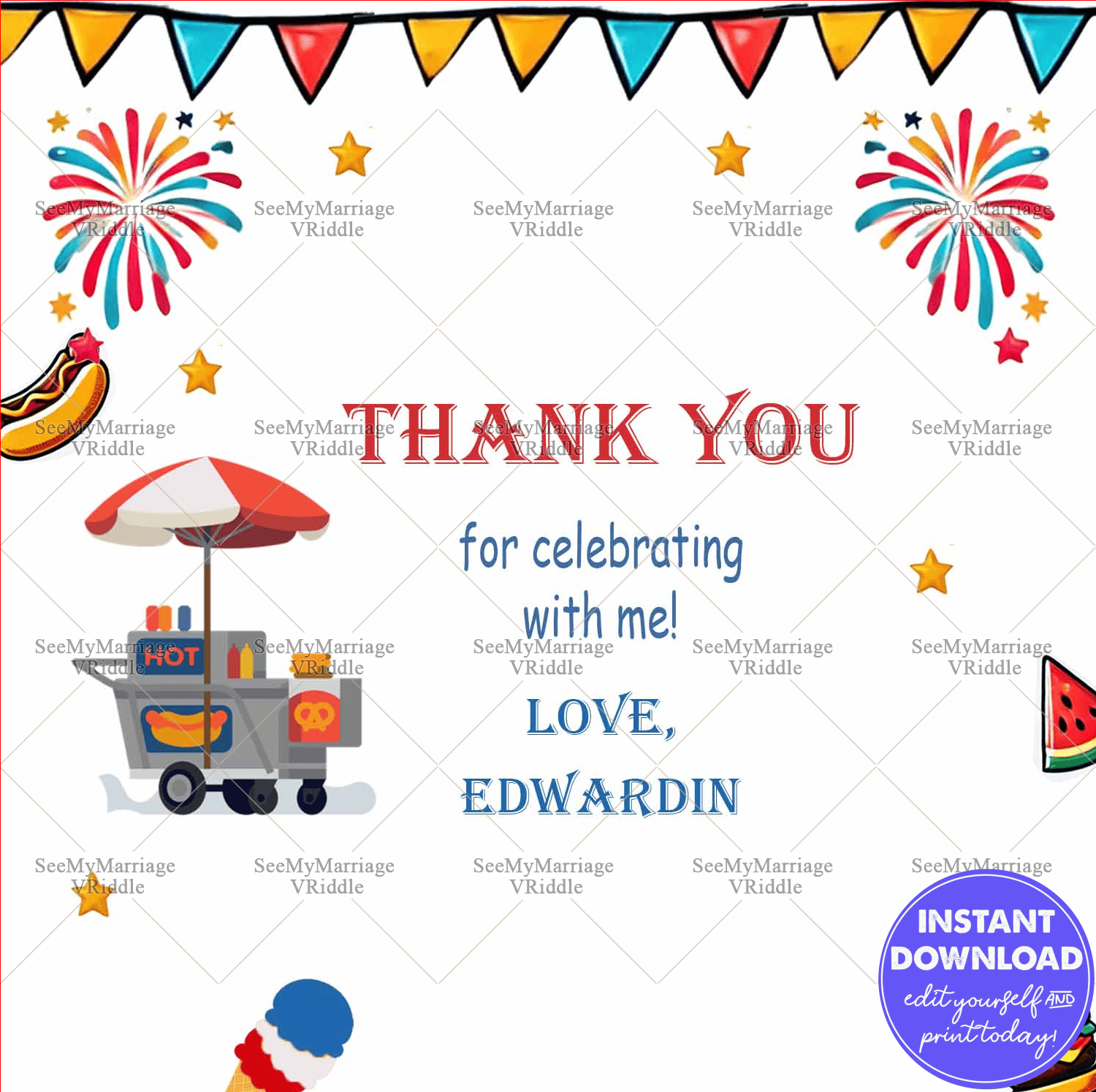 Food Cart and Fireworks Thank You Card with Festive Carnival