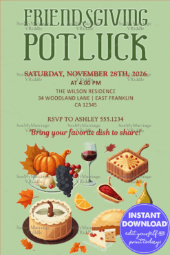 Friendsgiving Potluck Invitation with Fall Food Illustrations and Warm Seasonal Vibes