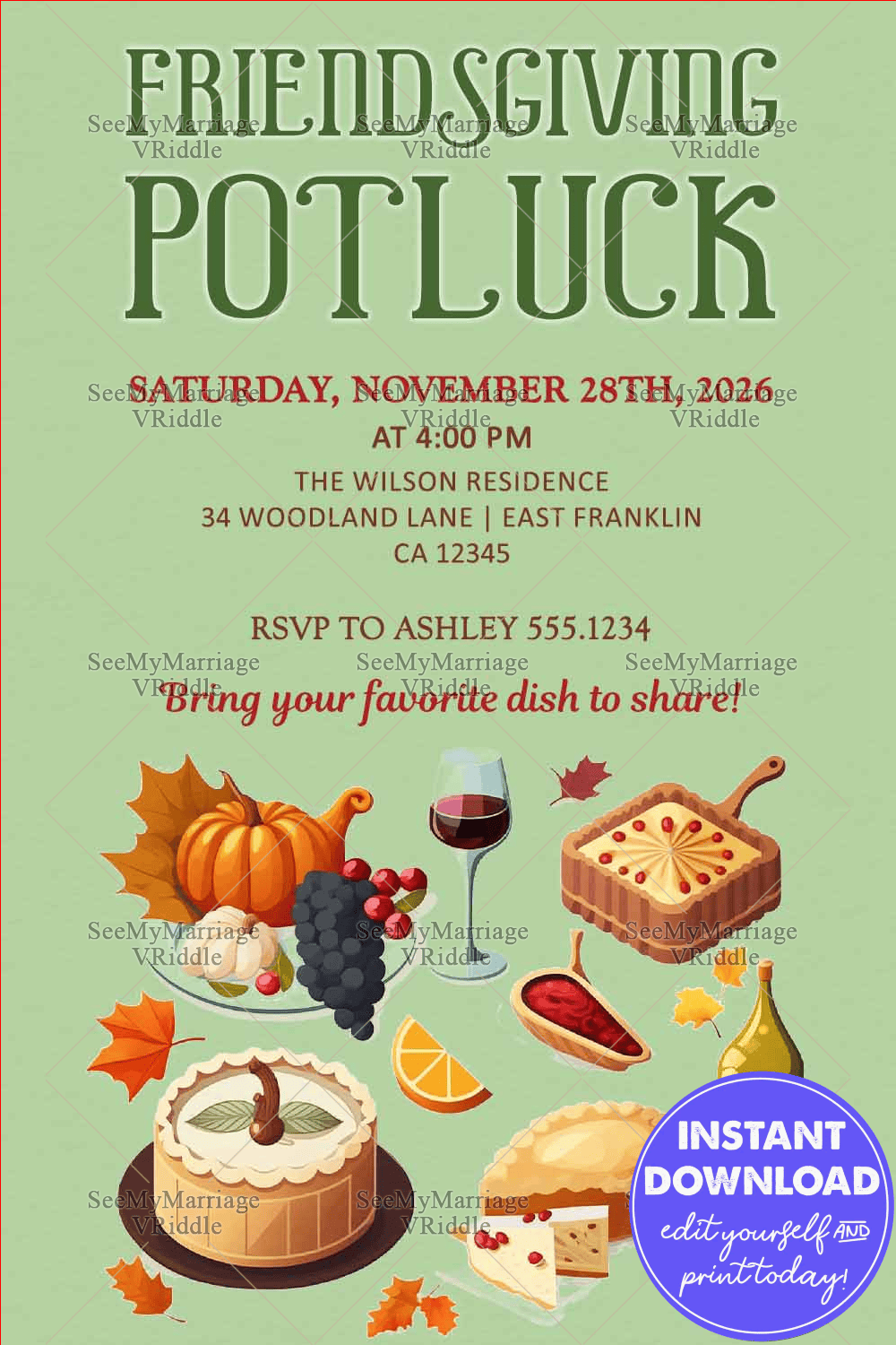Friendsgiving Potluck Invitation with Fall Food Illustrations and Warm Seasonal Vibes